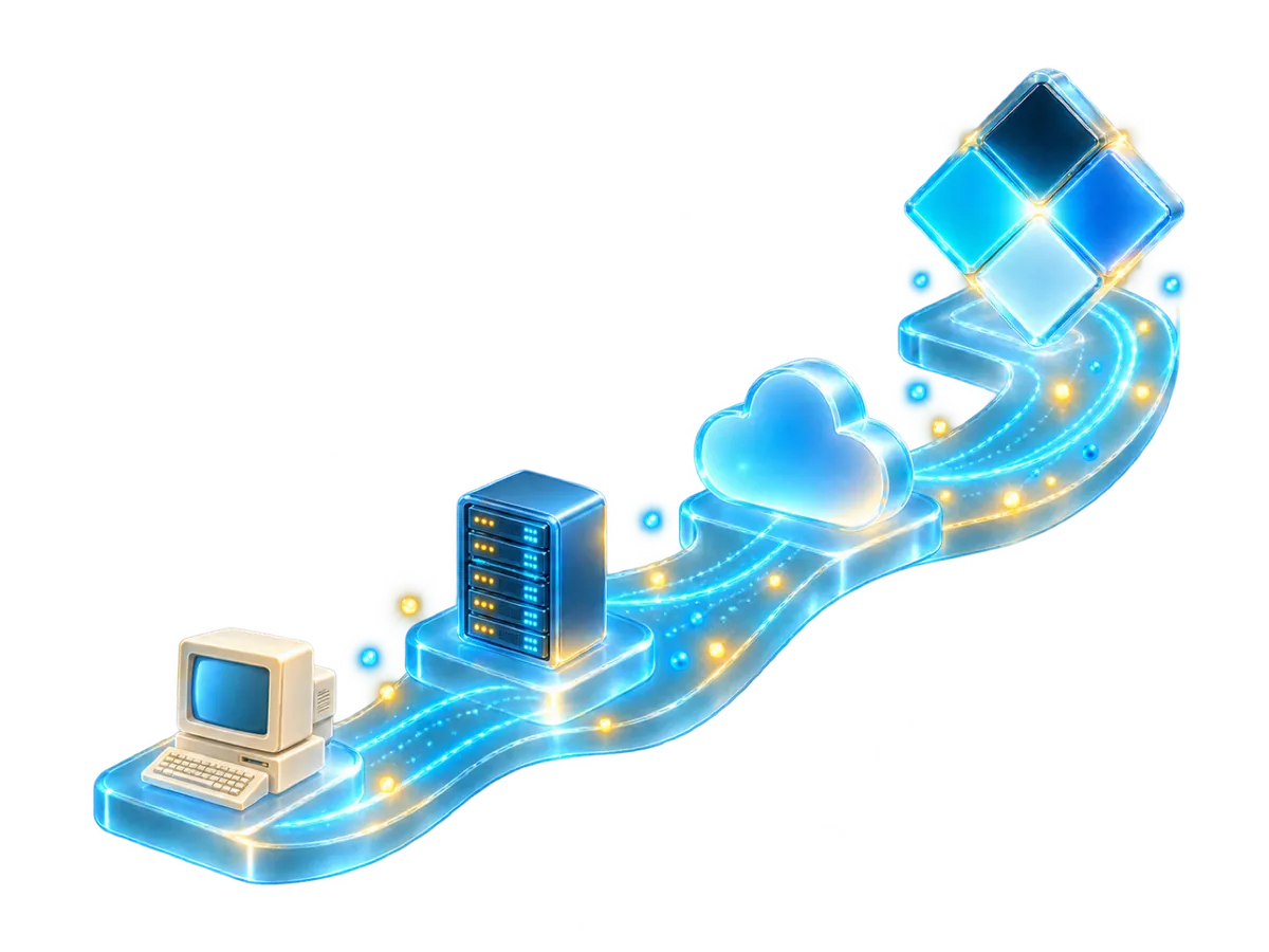 A glowing glass pathway rising from a retro computer through a server and the cloud to the Lumitec diamond