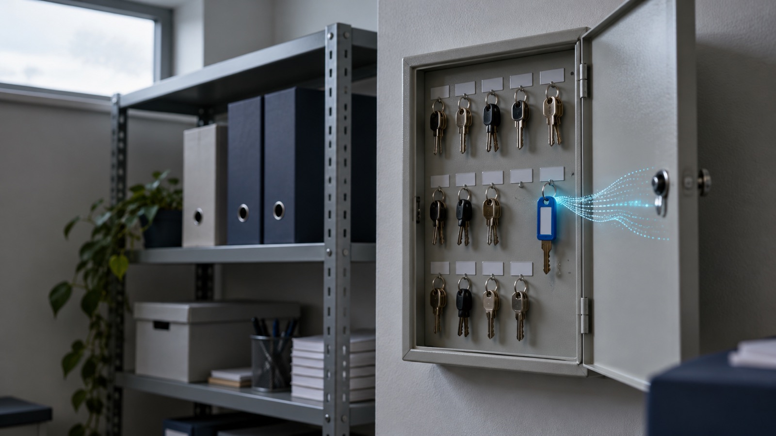 An open office key cabinet with one new blue key tag on its own hook and a faint wave of light drifting from it