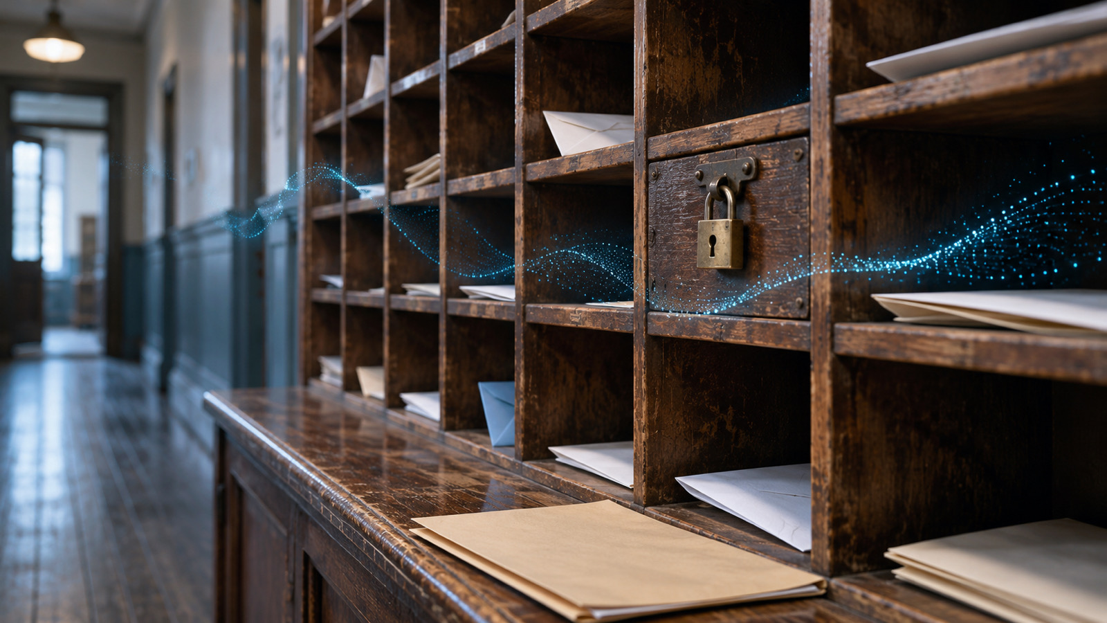A wooden post-room sorting frame of pigeonholes with envelopes in some slots and one slot shut with a small brass padlock, a faint wave of light running along the shelves