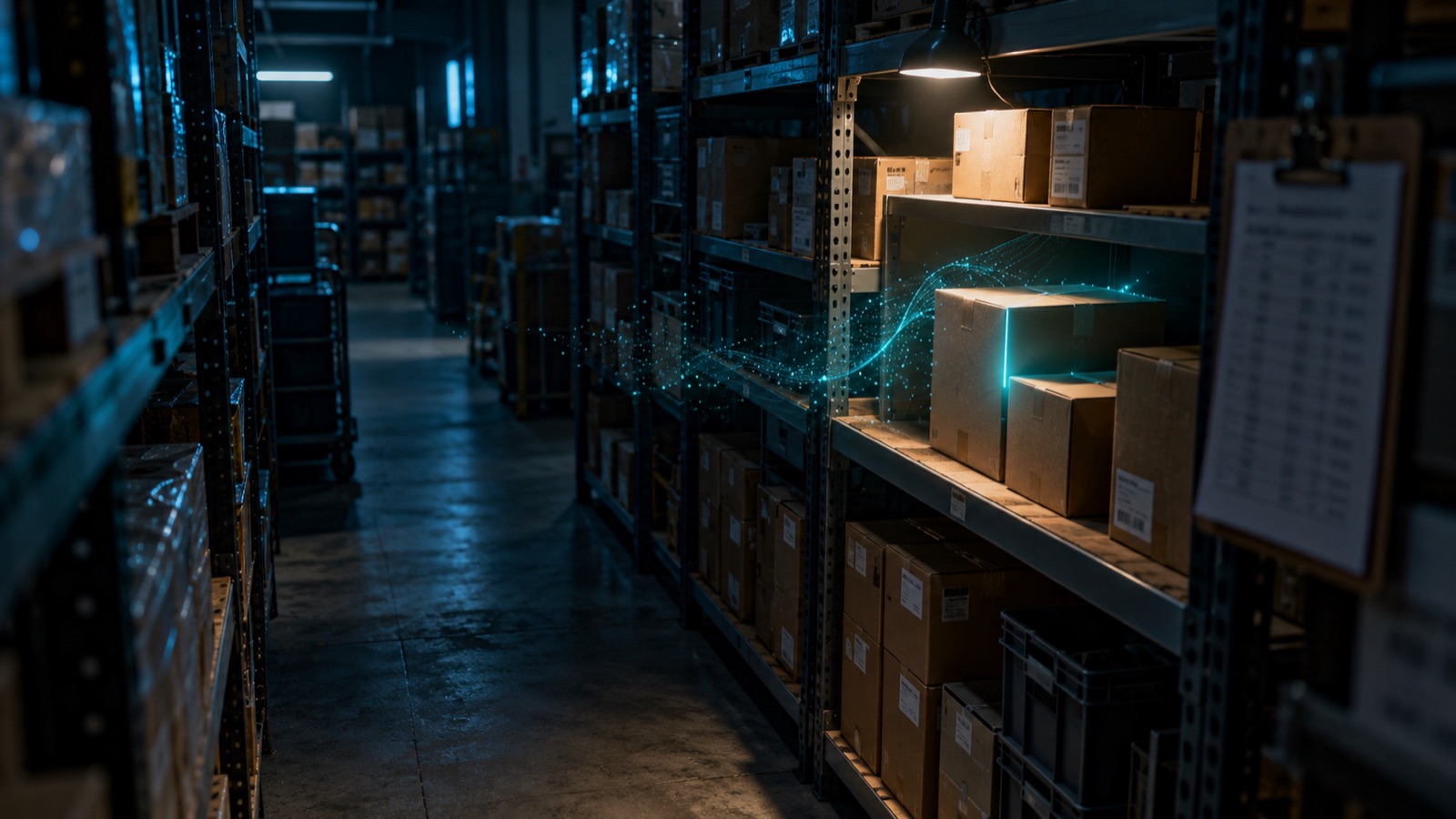 A stockroom aisle at night with labelled boxes on the shelves and one unlabelled box under a work lamp, a faint wave of light drifting from it