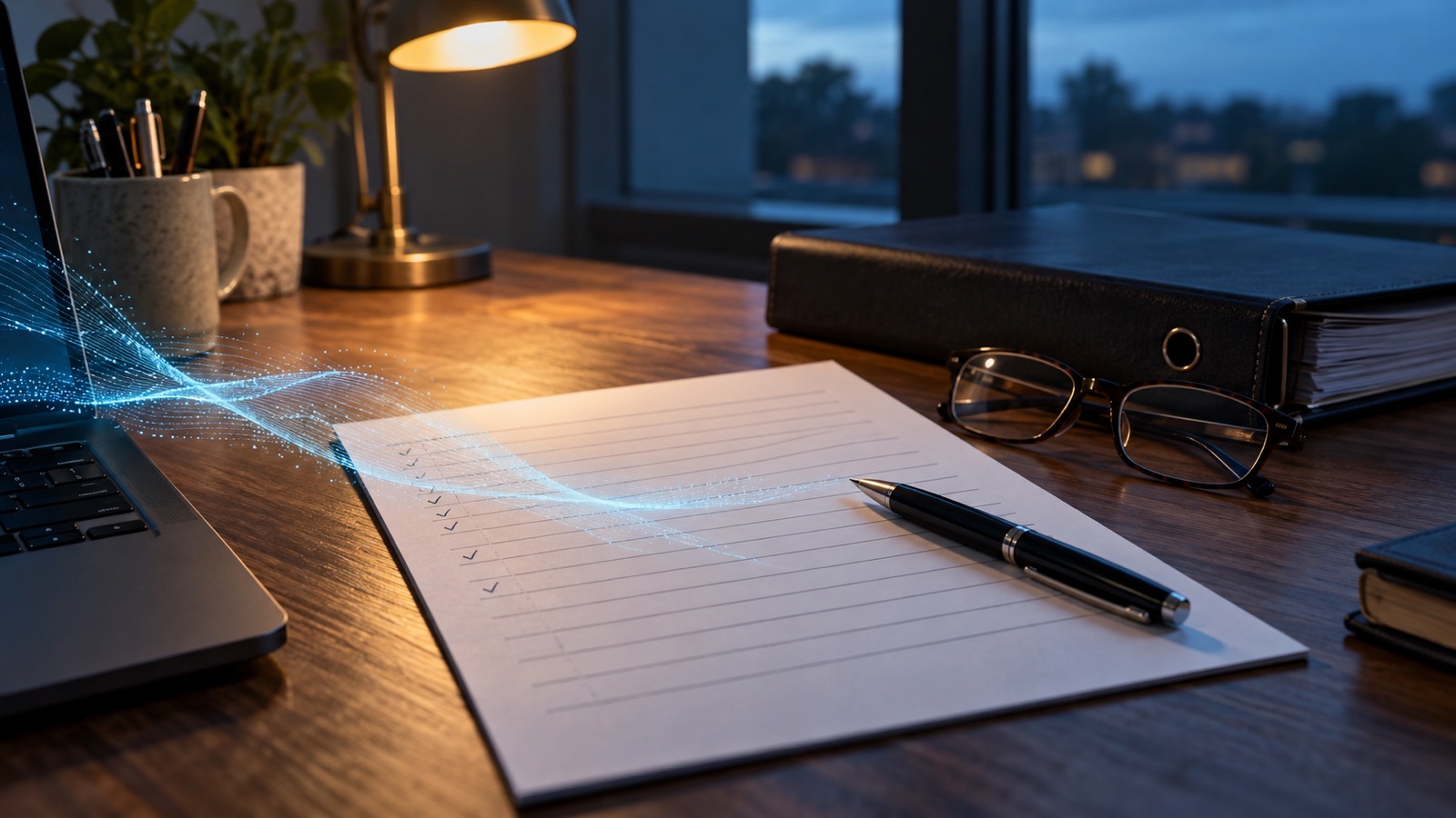 A printed activity log with handwritten ticks under a desk lamp, a faint wave of light flowing from a laptop through the page