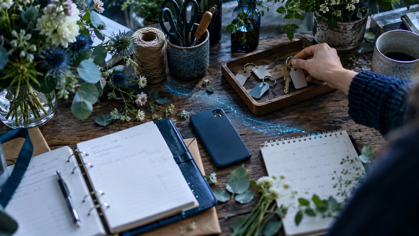 A hand lifting one key from a small wooden tray on a florist's counter beside an open invoice binder, a calendar and a phone, a faint wave of light across the wood