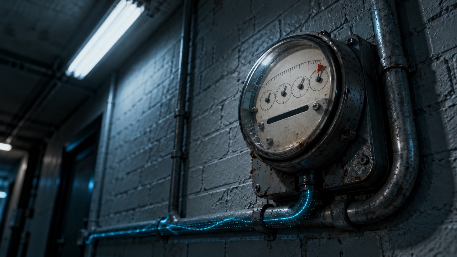 An analogue utility meter on a painted brick wall with a small red limit marker set on its dial and a faint wave of light running along the cable into it