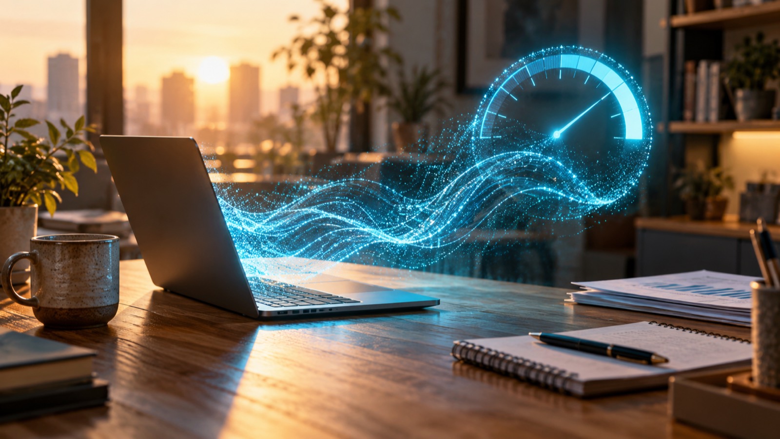 A laptop on a warm-lit office desk with a glowing wave of data curling into a usage meter
