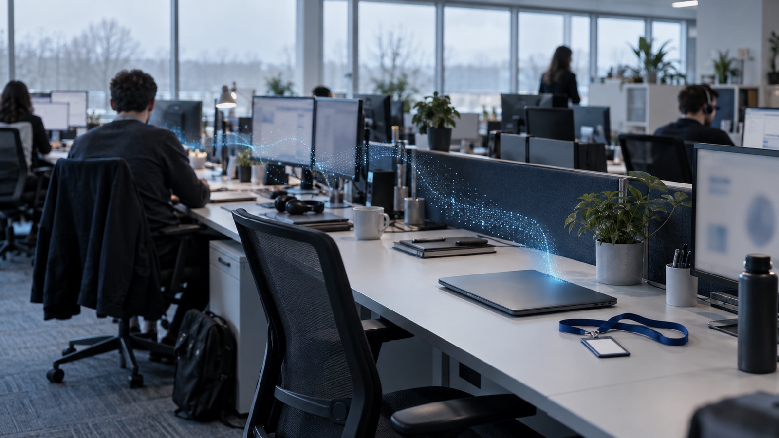 A row of busy office desks with one neat, empty new starter's desk and a faint wave of light drifting from its laptop along the row