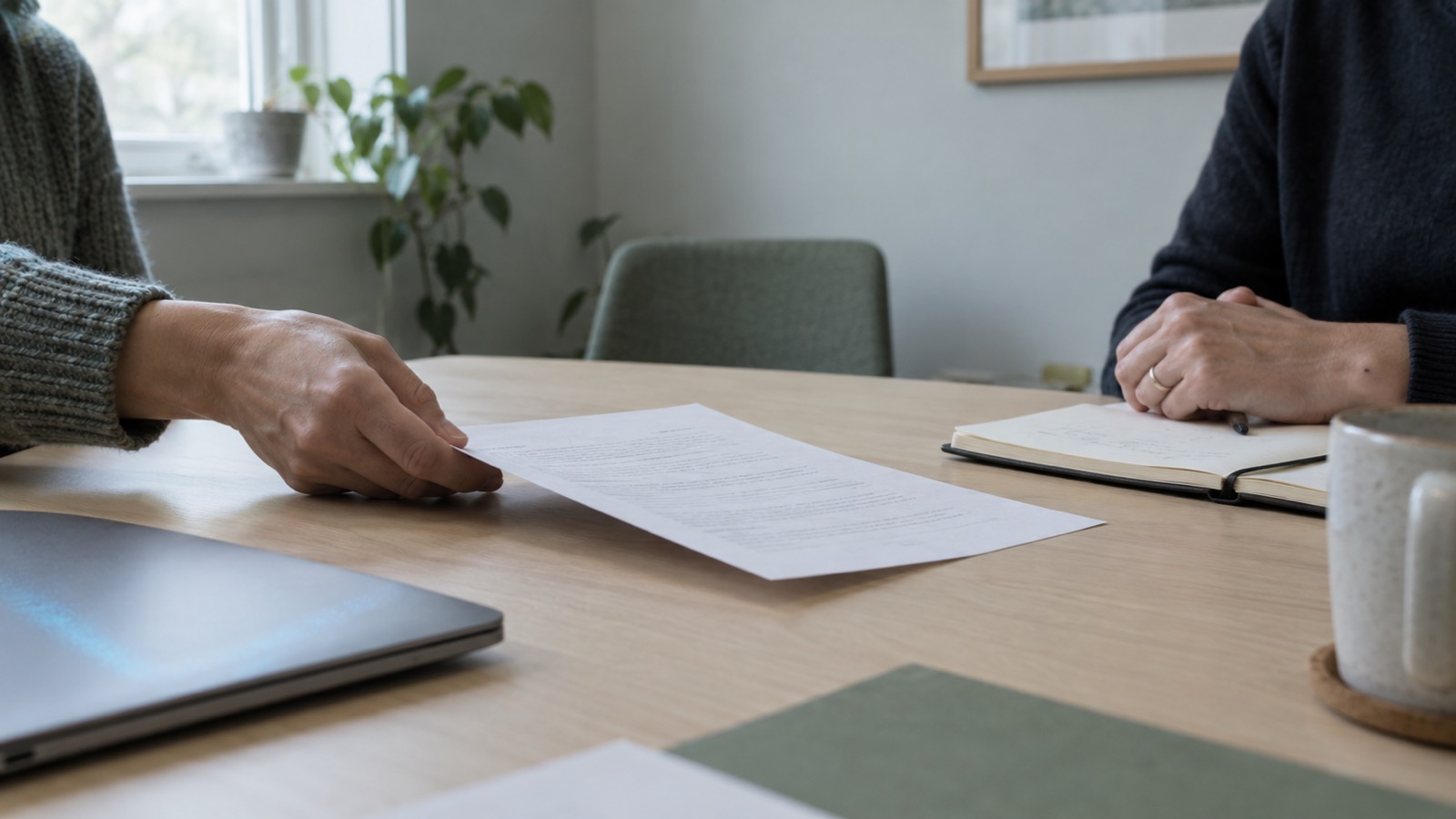A hand signing a printed document at a desk, a laptop glowing softly behind