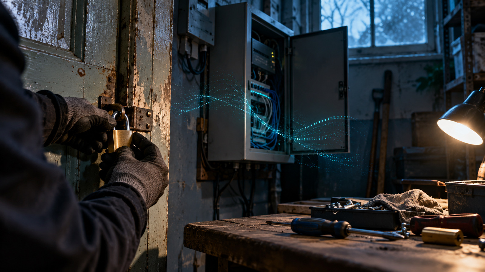 A gloved hand fitting a new padlock to an old back-room door beside an open wiring cabinet at dusk, a faint wave of light drifting from the cabinet