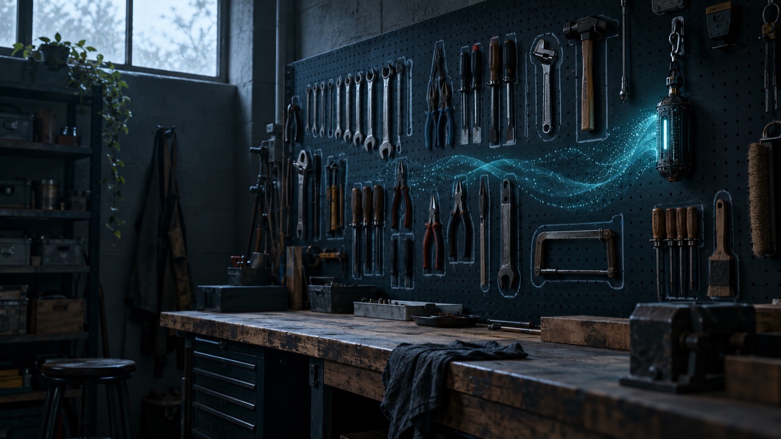 A workshop pegboard of hand tools in their painted outlines, with one unfamiliar device hanging where no outline exists and a faint wave of light drifting from it