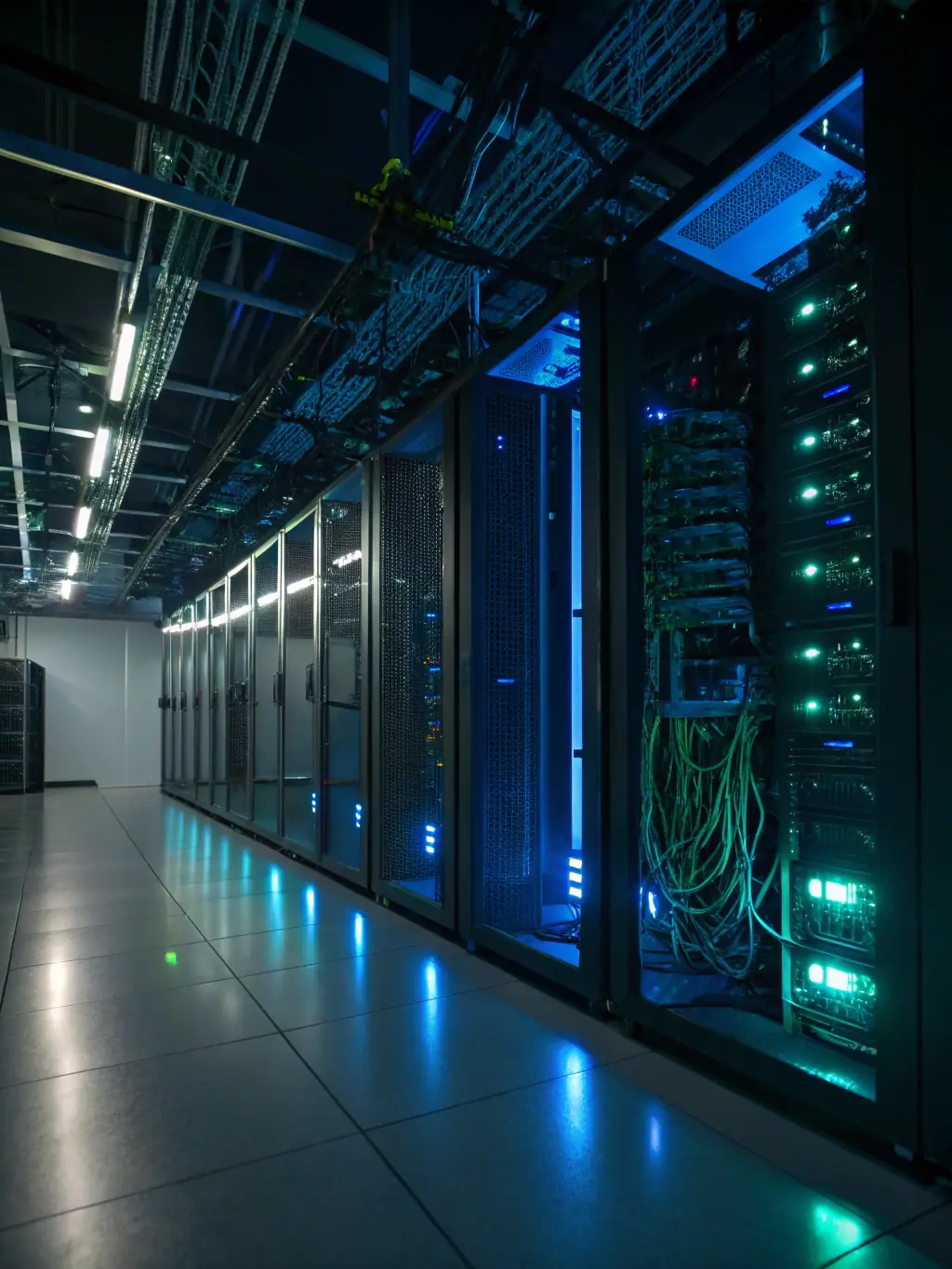 A high-tech server room filled with glowing servers and network cables.