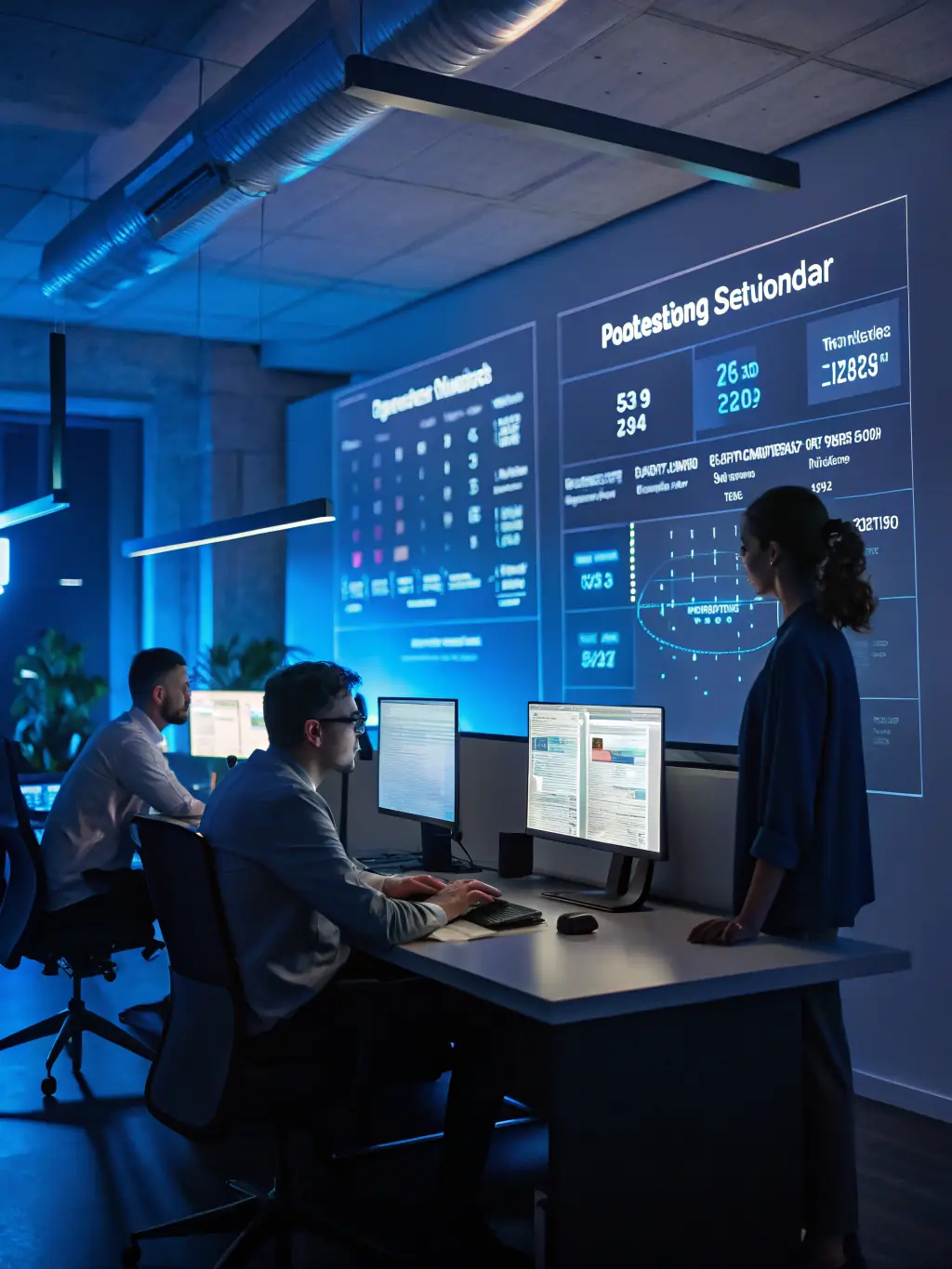 Visual of a corporate office with digital assistants managing schedules.