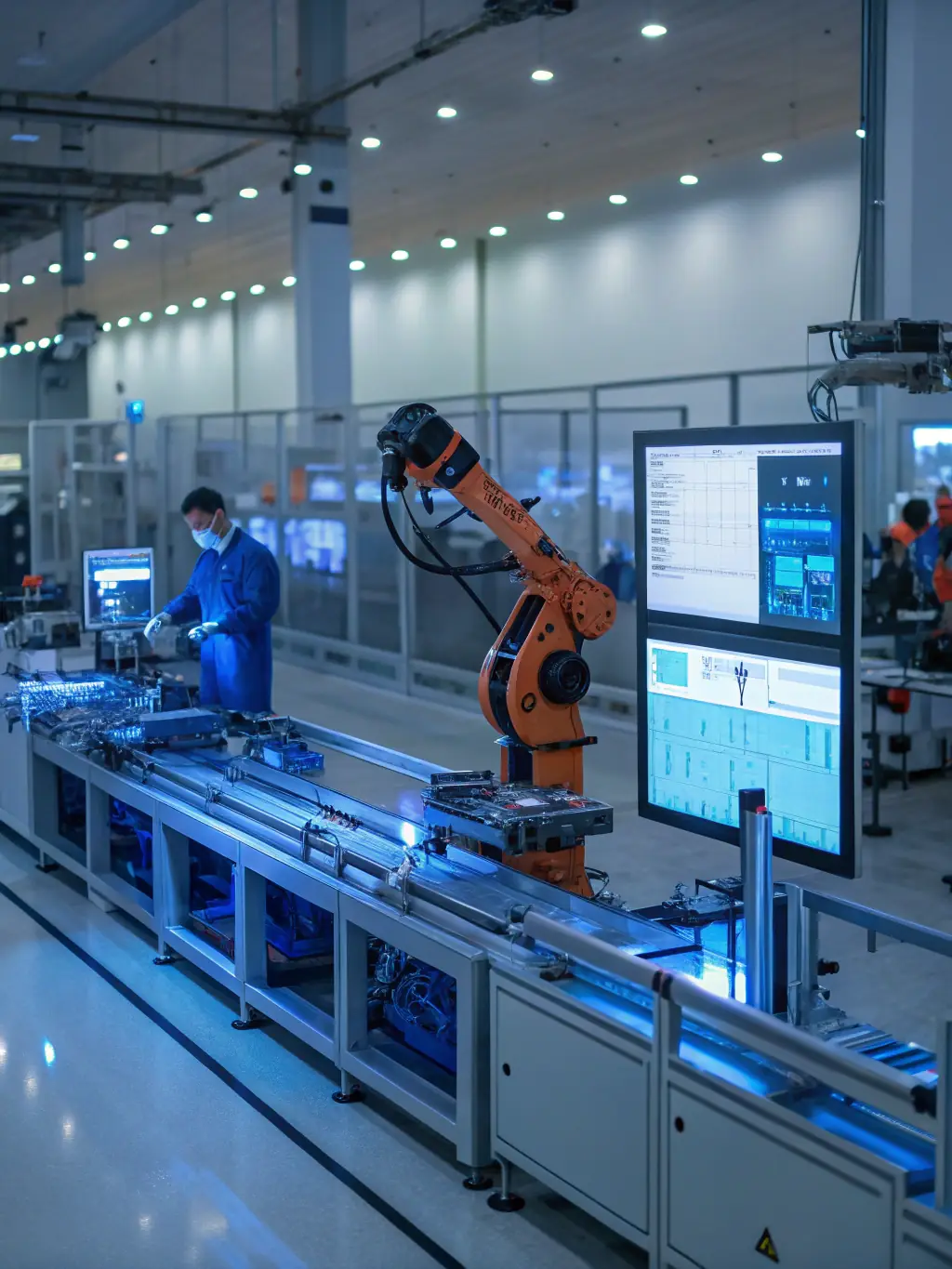 Graphic of a smart factory with automated machinery.