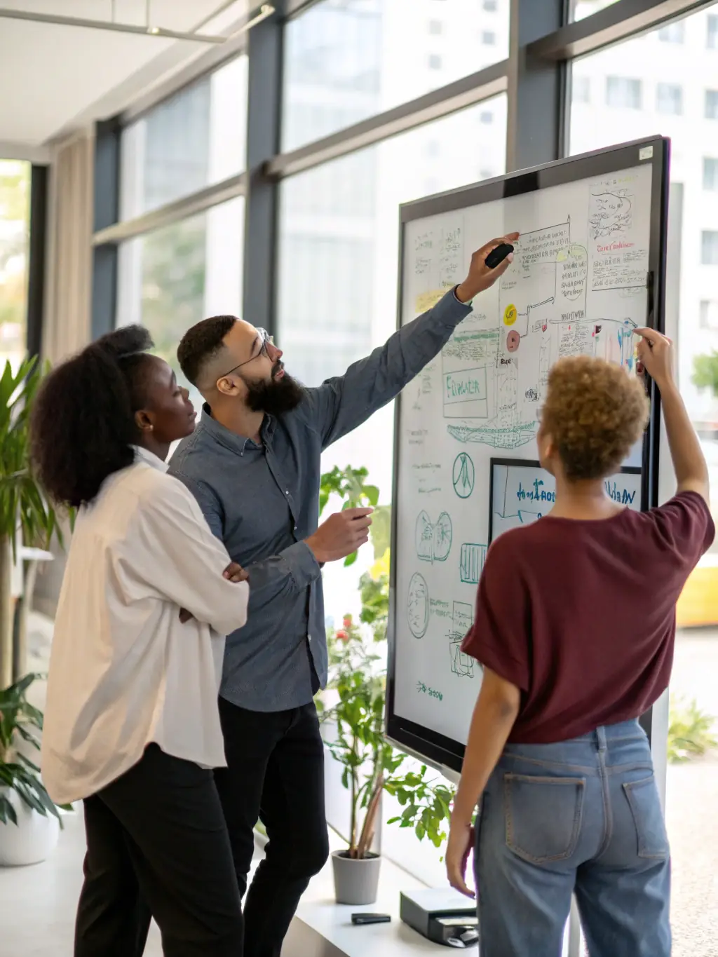 A team of engineers collaborating on a digital whiteboard.