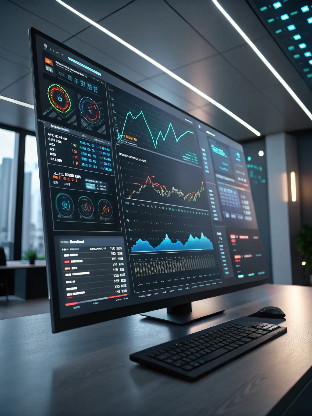 A futuristic AI interface displaying data analytics and machine learning algorithms.