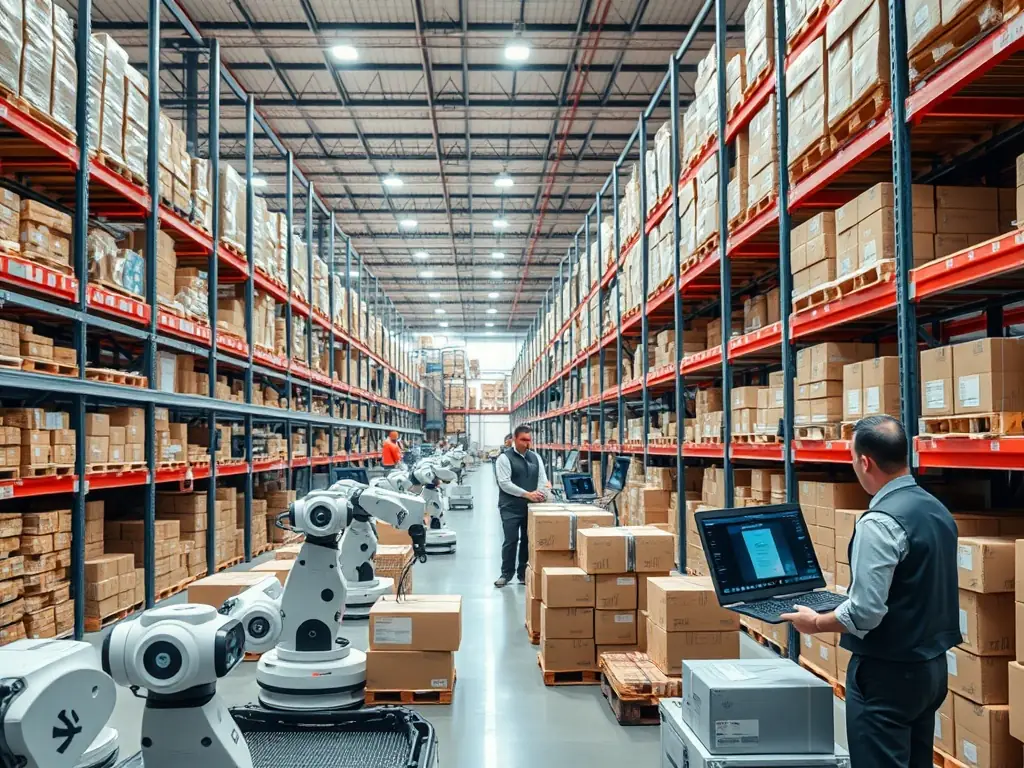 A bustling e-commerce warehouse with automated systems managing inventory and order processing.