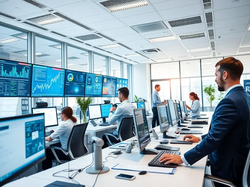 A modern office environment with employees using AI-driven software on their computers.