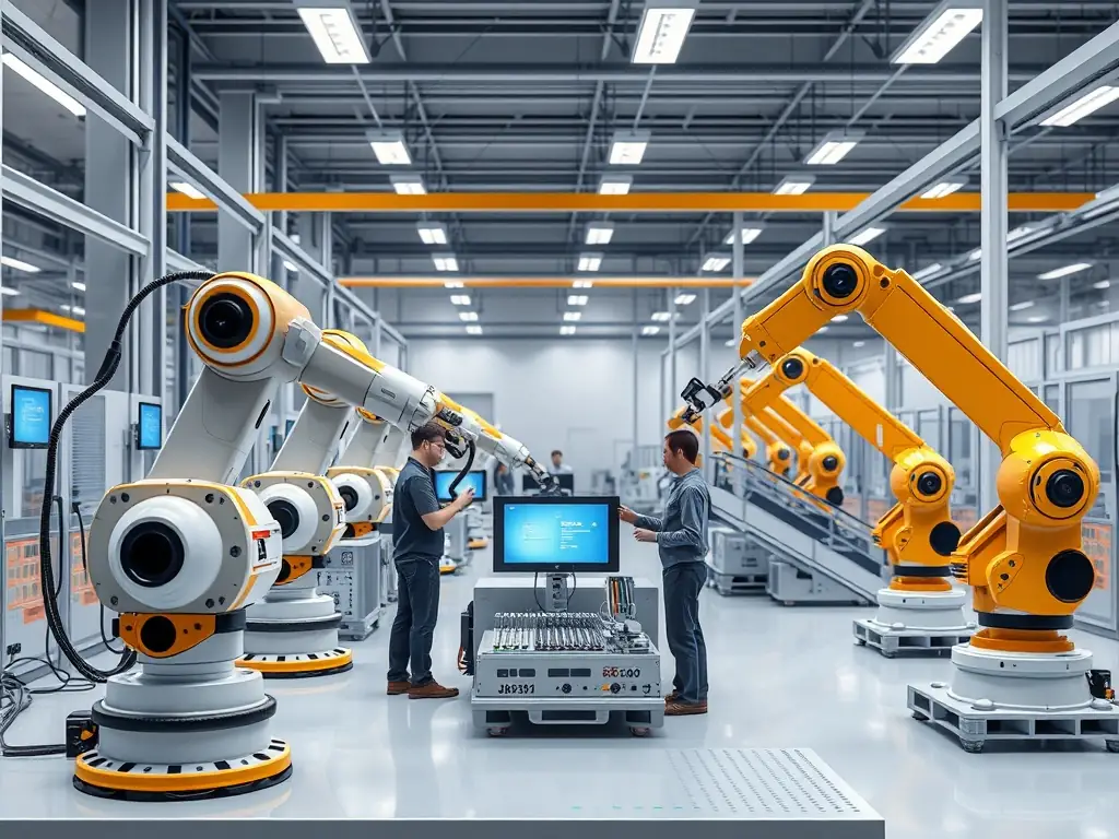 A manufacturing plant with robotic arms and AI systems working in harmony.